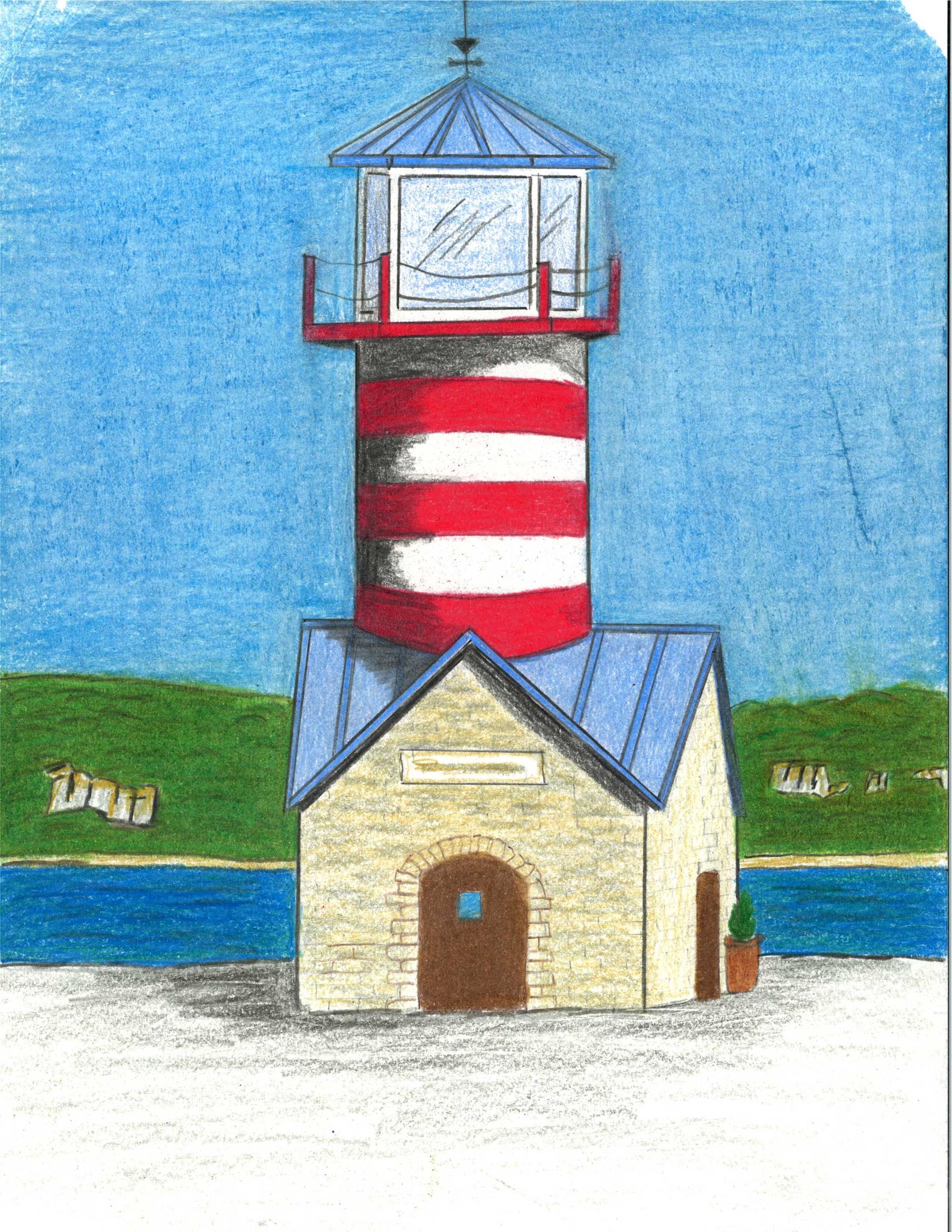 A drawing of a lighthouse with a red-and-white striped tower, a blue roof, and a beige stone base by a blue body of water.