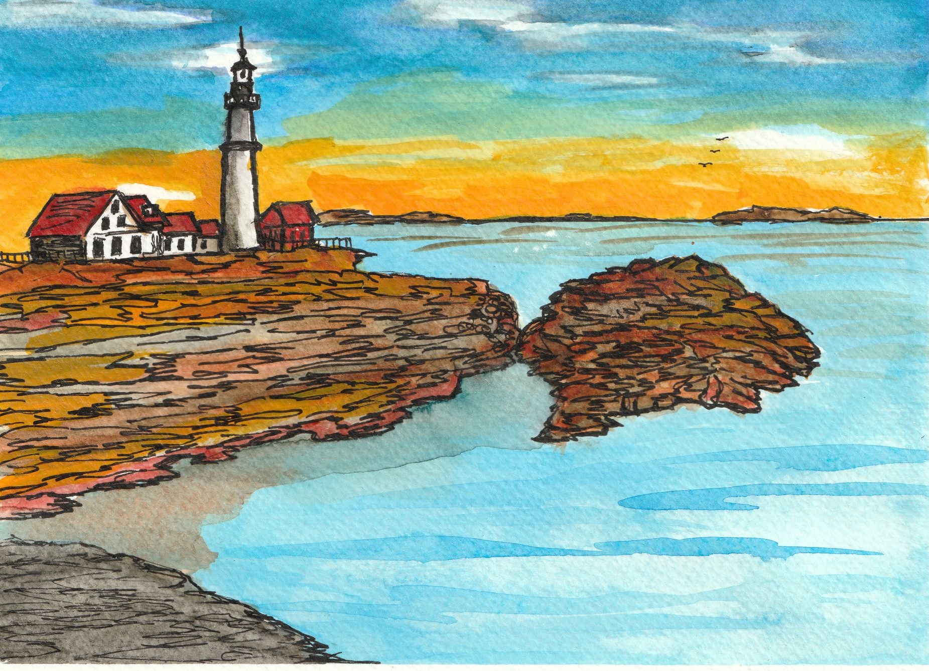 Lighthouse and red-roofed buildings on a rocky coast beside calm blue water at sunset