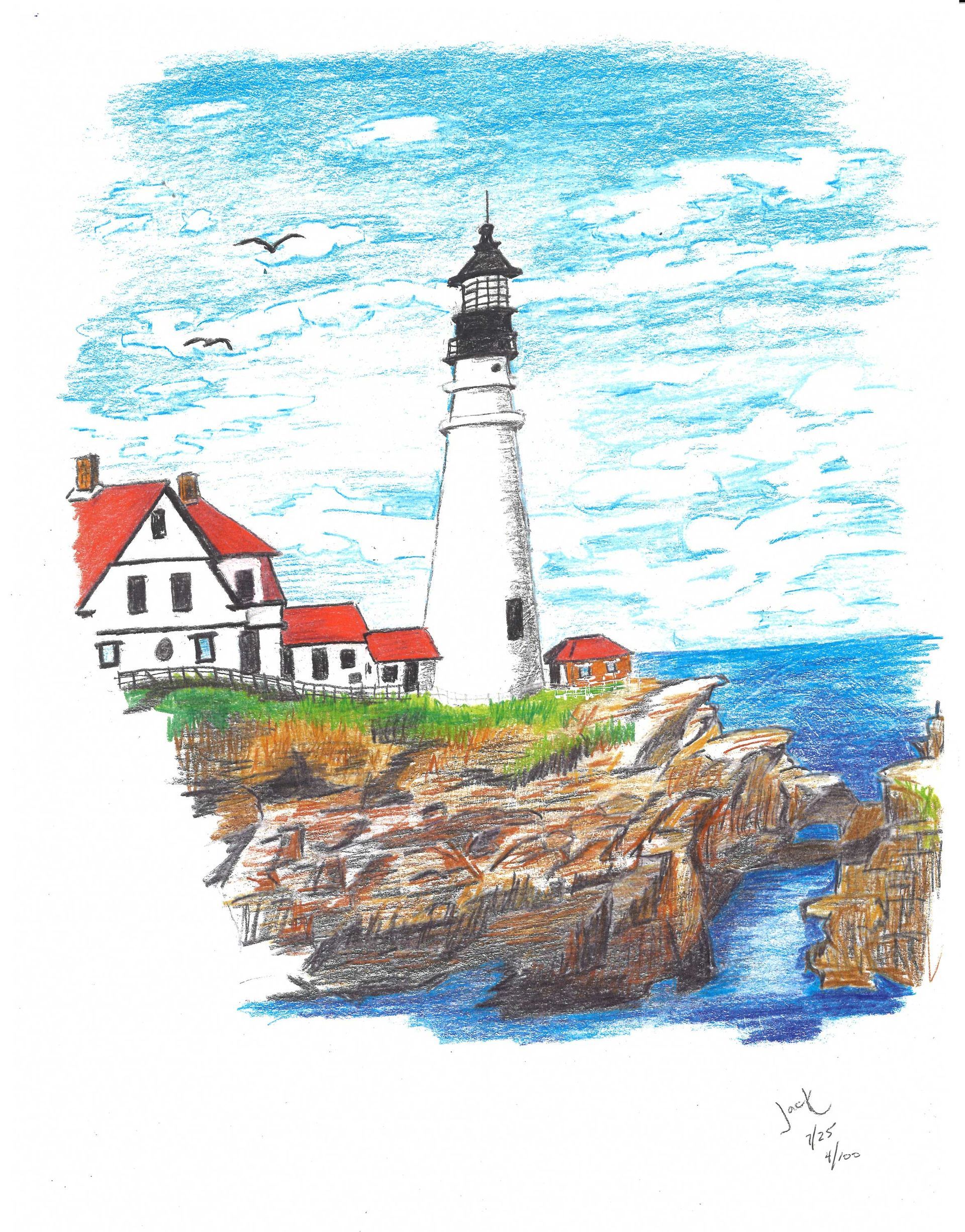 A colored pencil sketch of a white lighthouse and keeper’s house perched on rocky cliffs above a blue ocean.