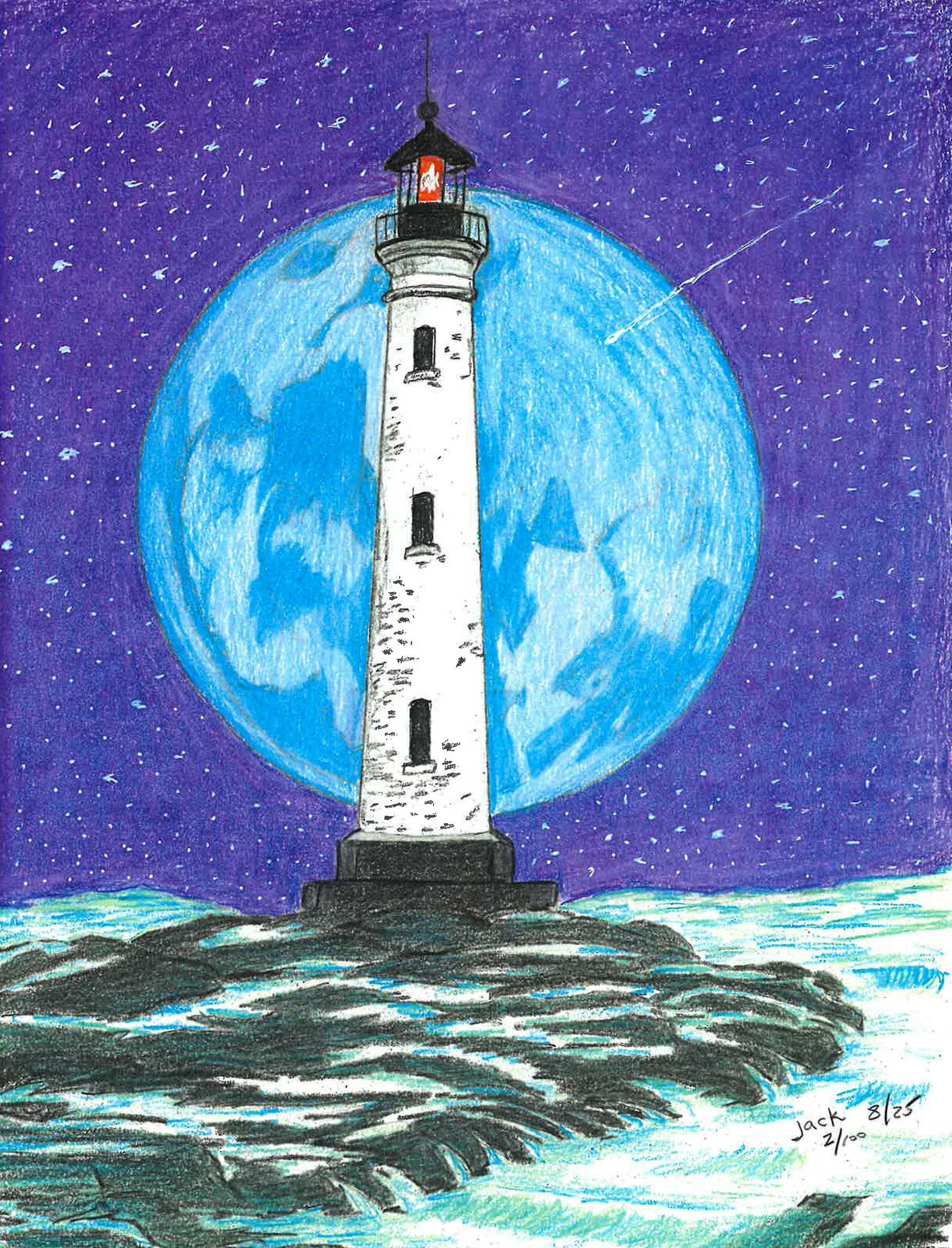 A white lighthouse stands on a dark, rocky shore beneath a large, blue full moon in a starry night sky.