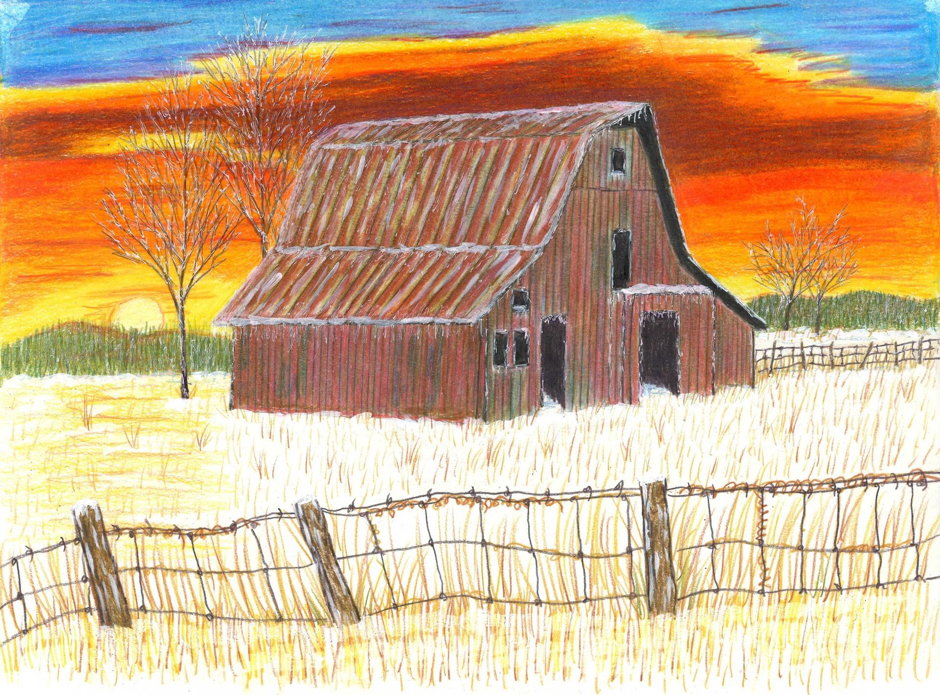 A rustic wooden barn stands in a golden, dry field behind a wire fence under a vibrant orange and yellow sunset.