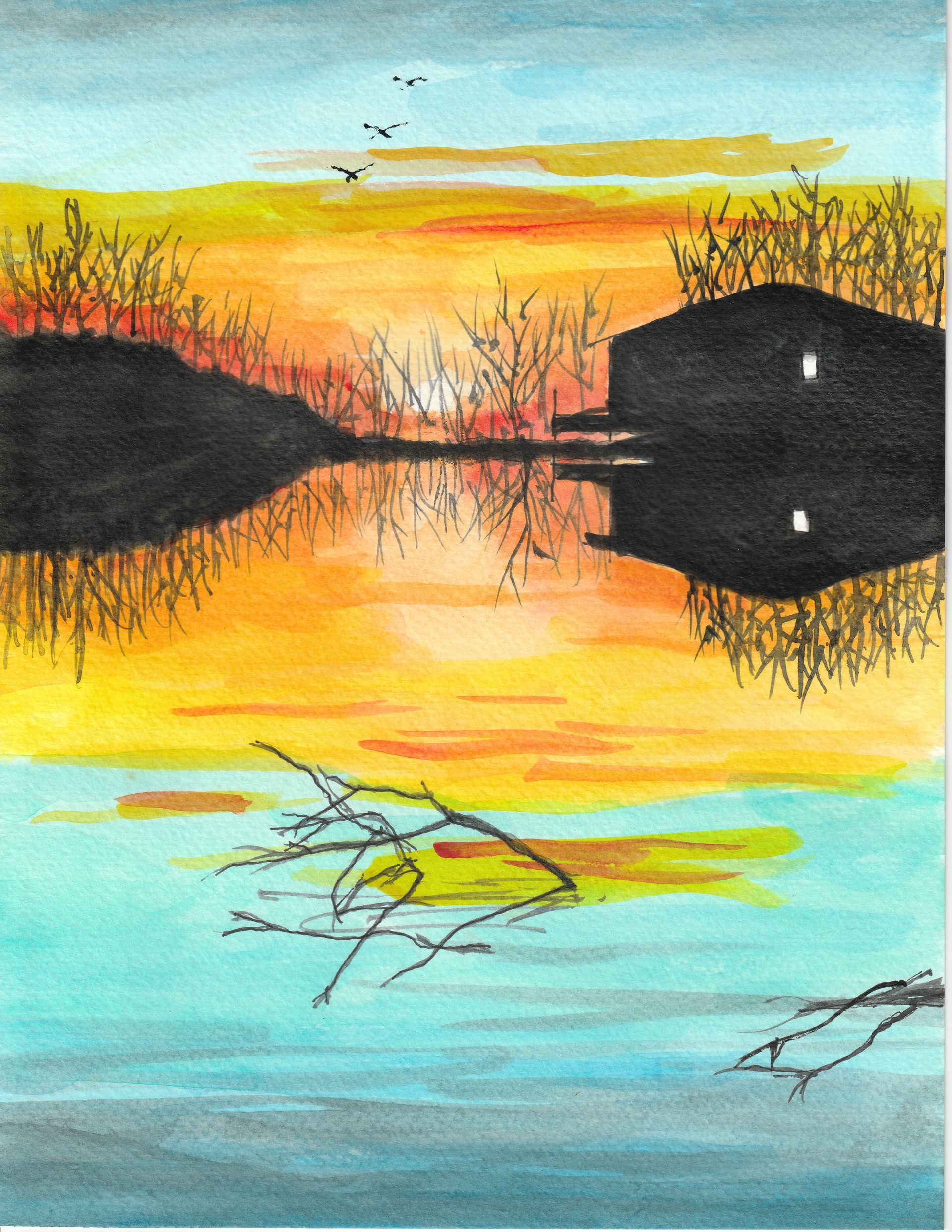 Colorful sunset over a calm lake, with silhouetted trees and reflections in the water.