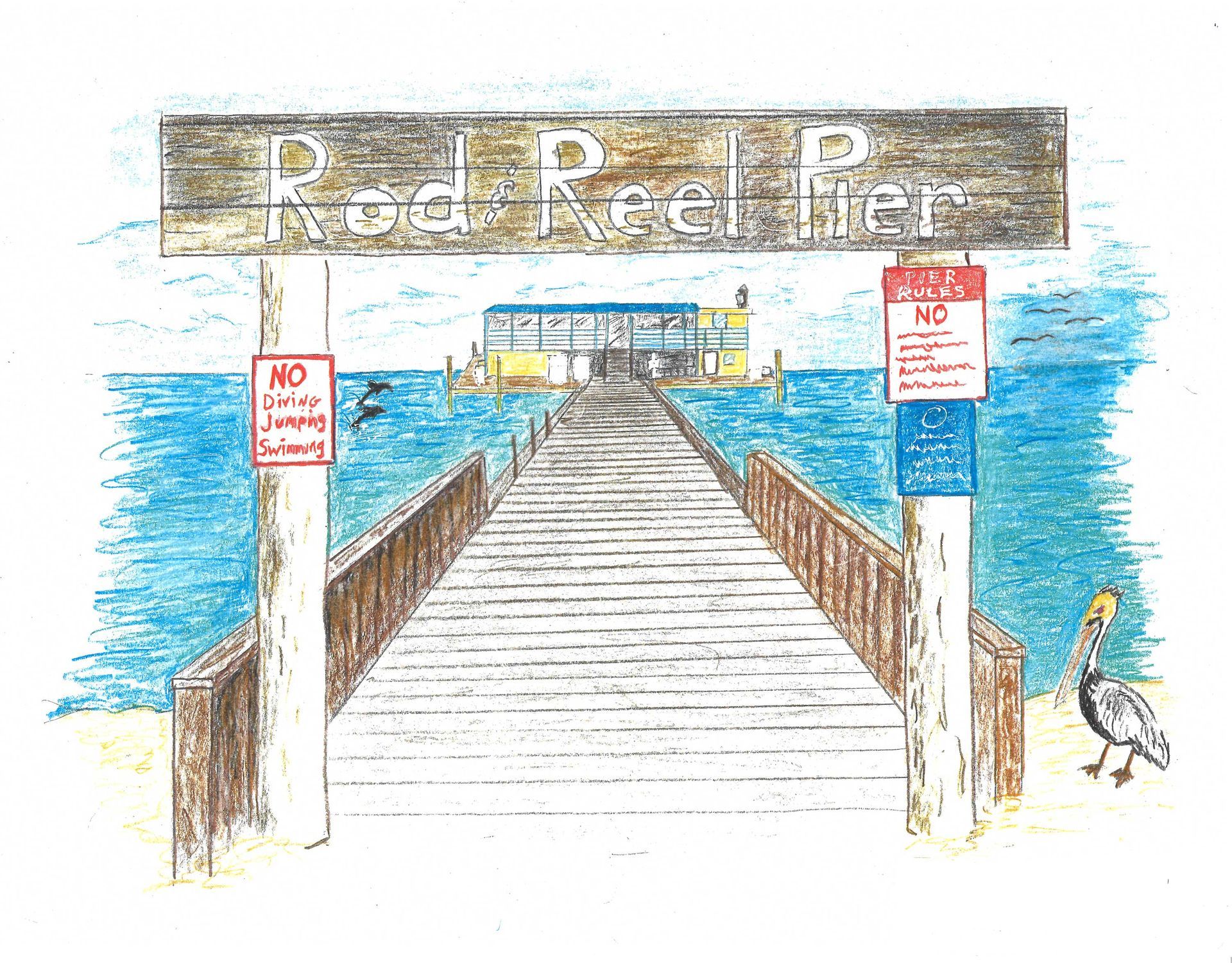 A colored drawing of a wooden pier over blue water, titled 