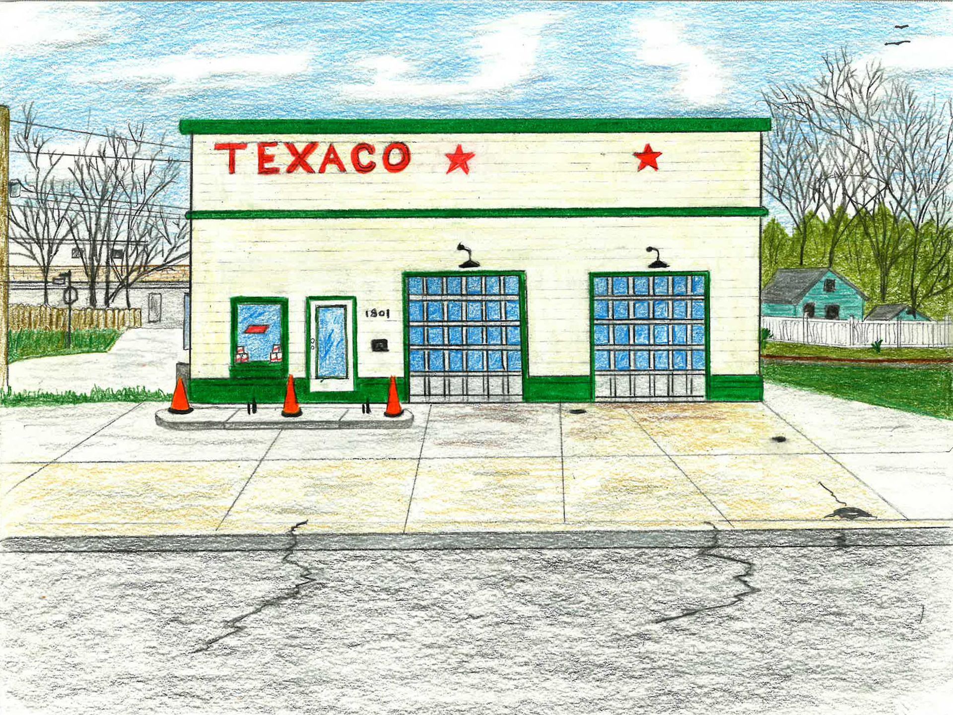 A colored drawing of a beige Texaco service station with two garage bays, green trim, and orange cones out front.