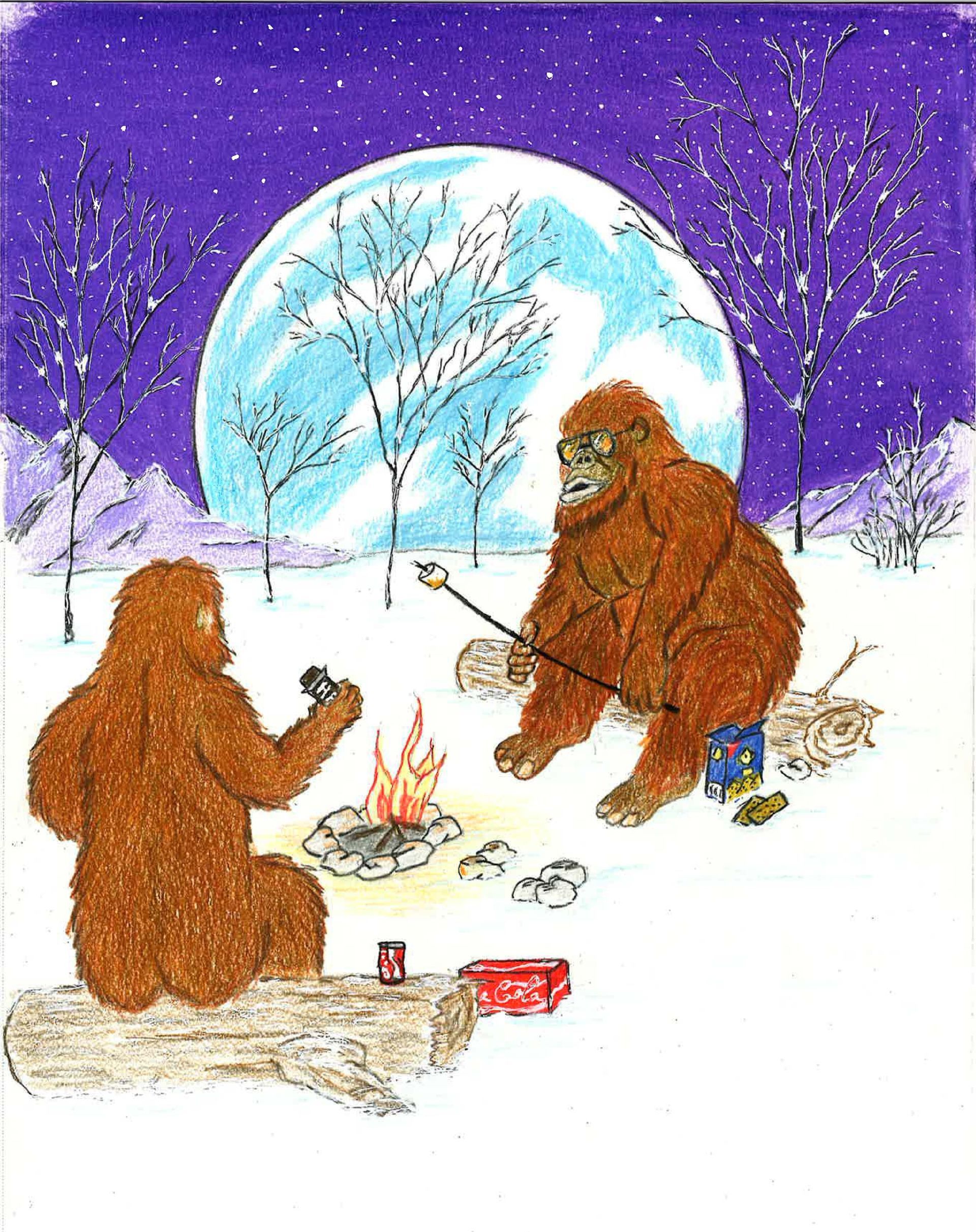 Two Bigfoots make Smores   by a campfire in a snowy forest under a purple sky.