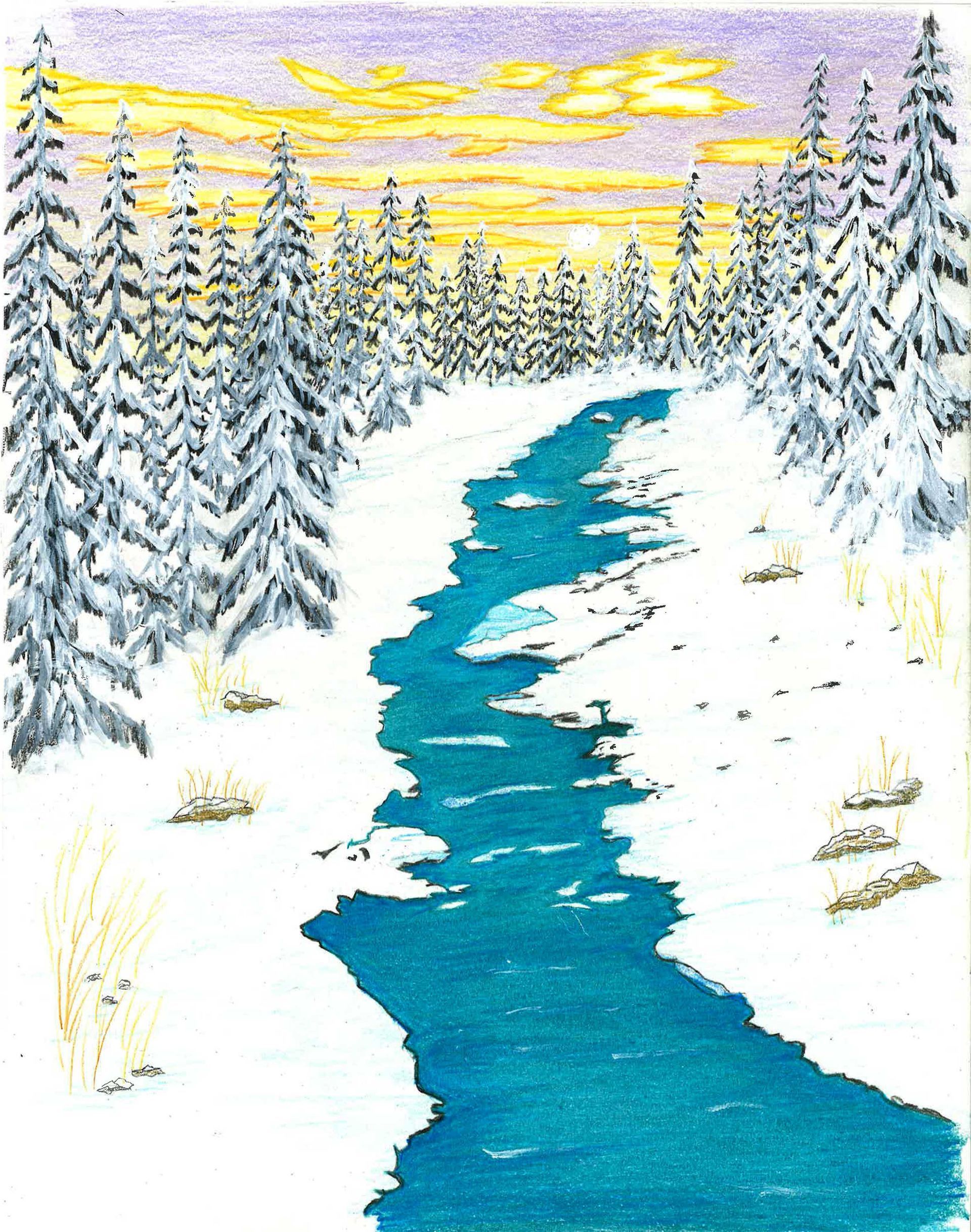A drawing of a vibrant blue stream flowing through a snowy, pine-covered forest under a sunset sky of yellow and purple.