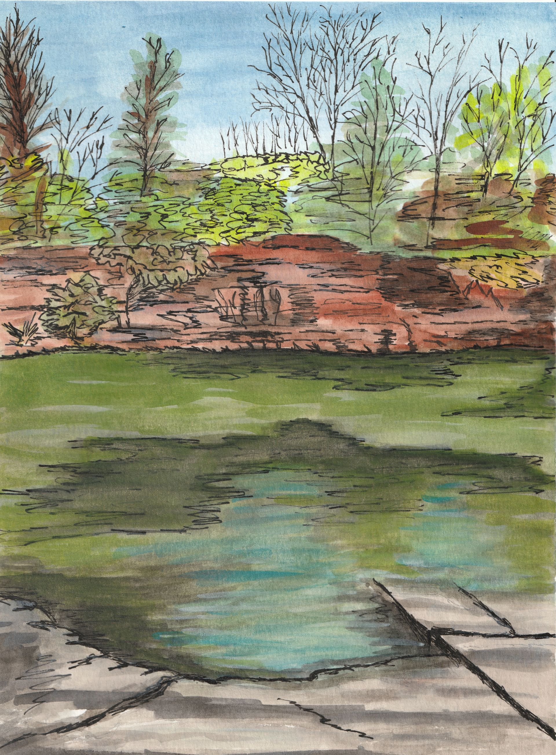 Pond reflecting trees and sky, with a low brick wall and stone path in the foreground.