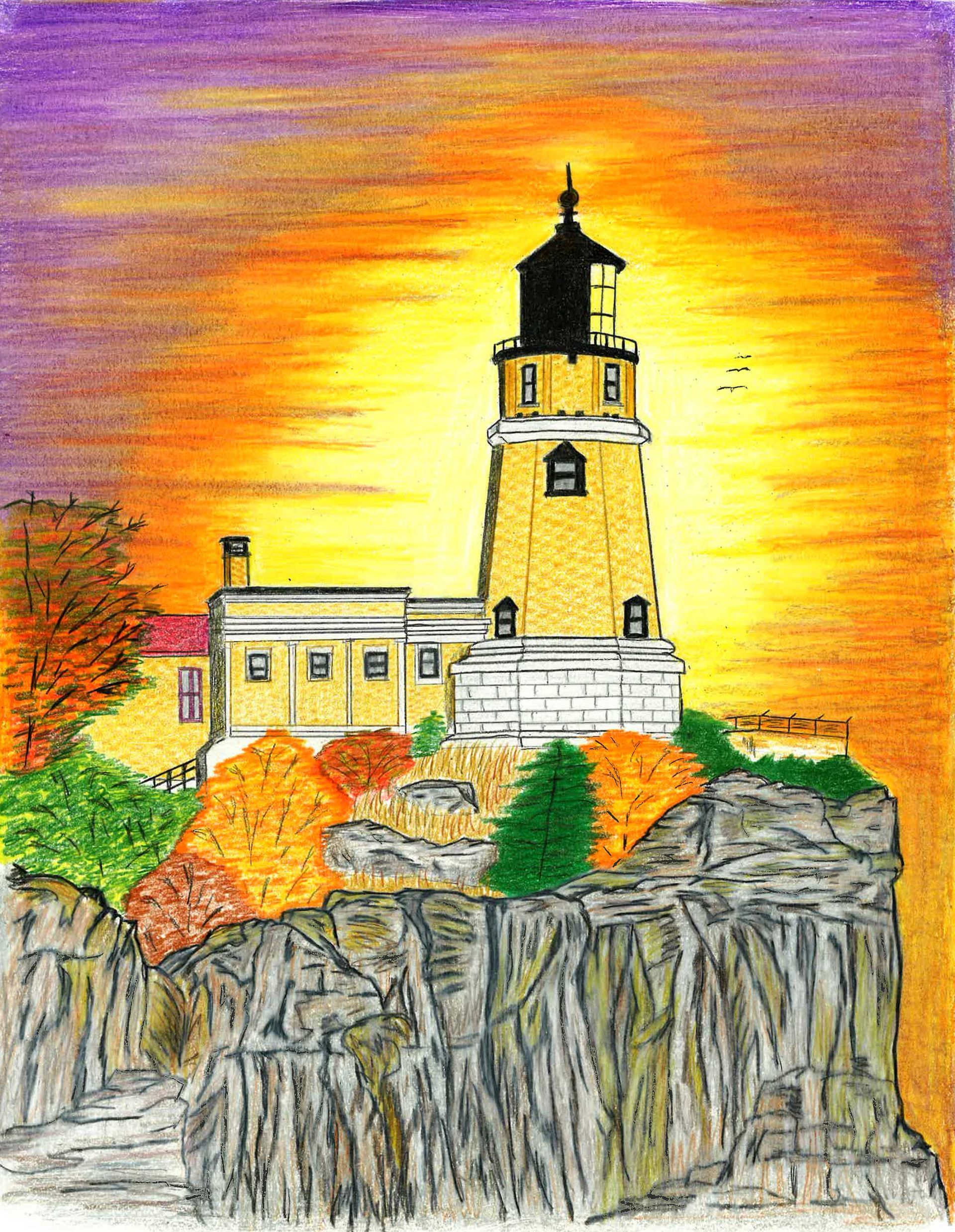 A lighthouse stands on a rocky cliff against a bright orange and purple sunset, surrounded by autumn-colored trees.