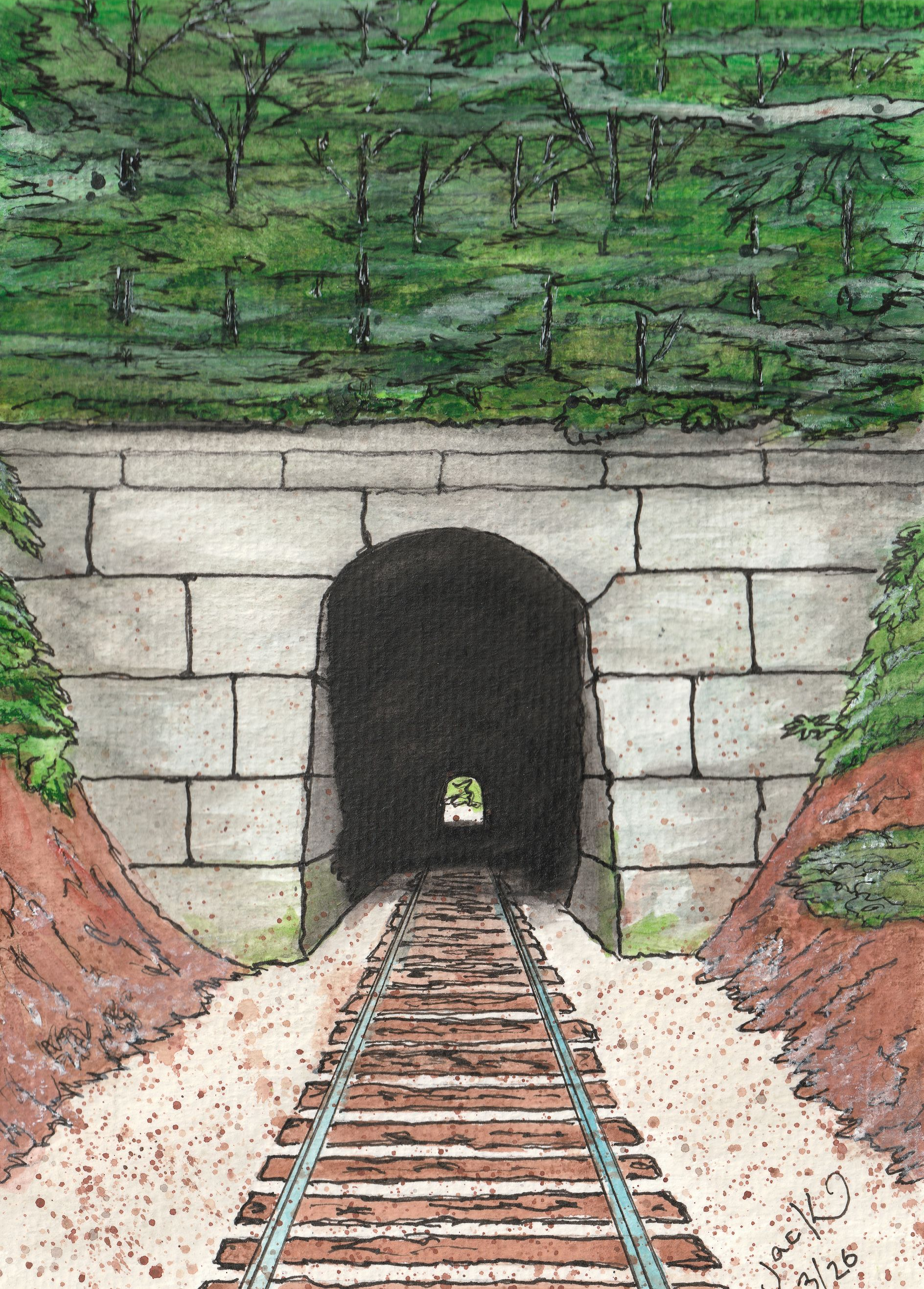 Railroad tracks leading into a dark tunnel in a stone hillside, surrounded by green trees.
