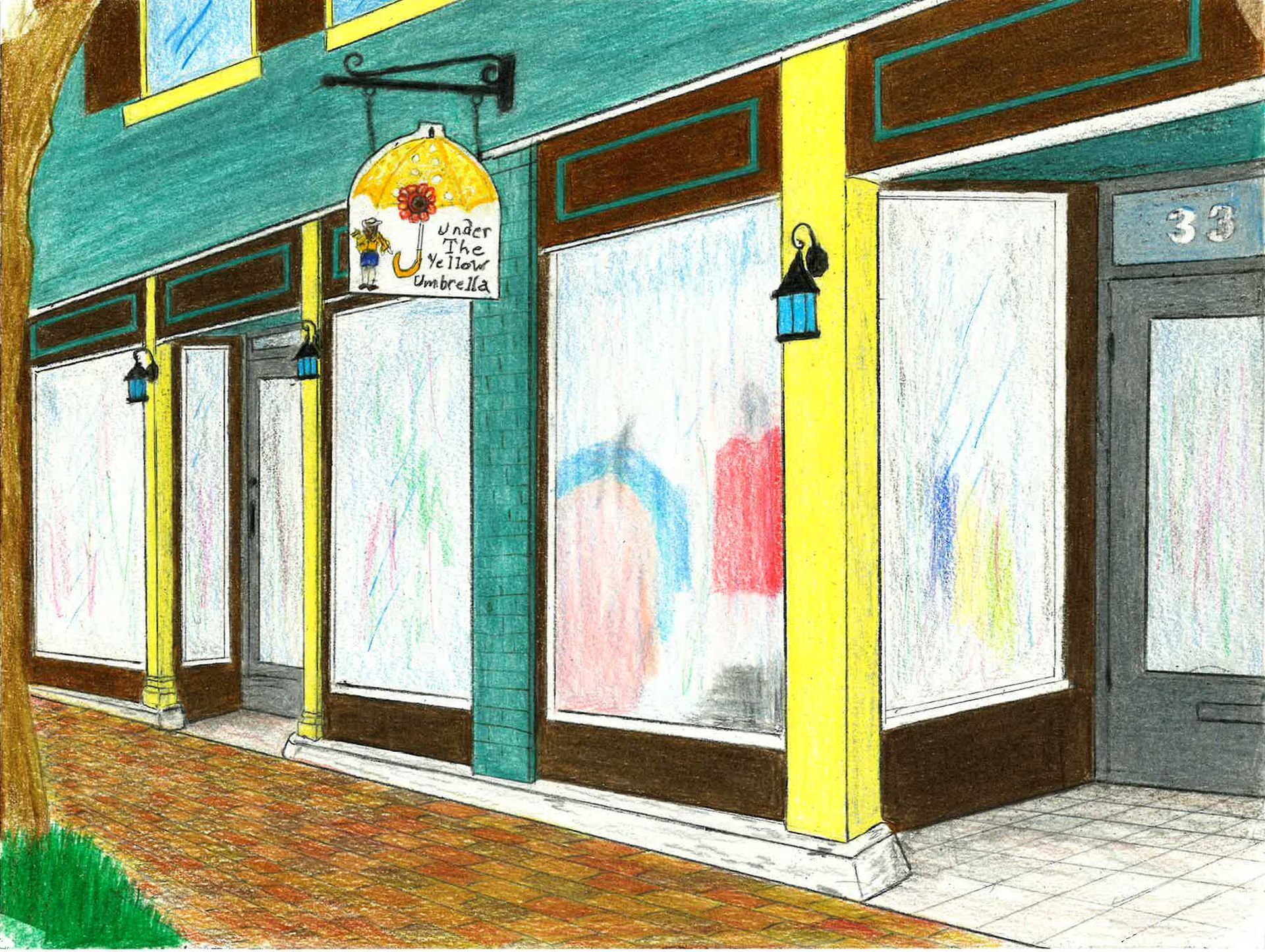 A colored pencil drawing of a storefront with yellow pillars, teal trim, and a sign depicting an umbrella.