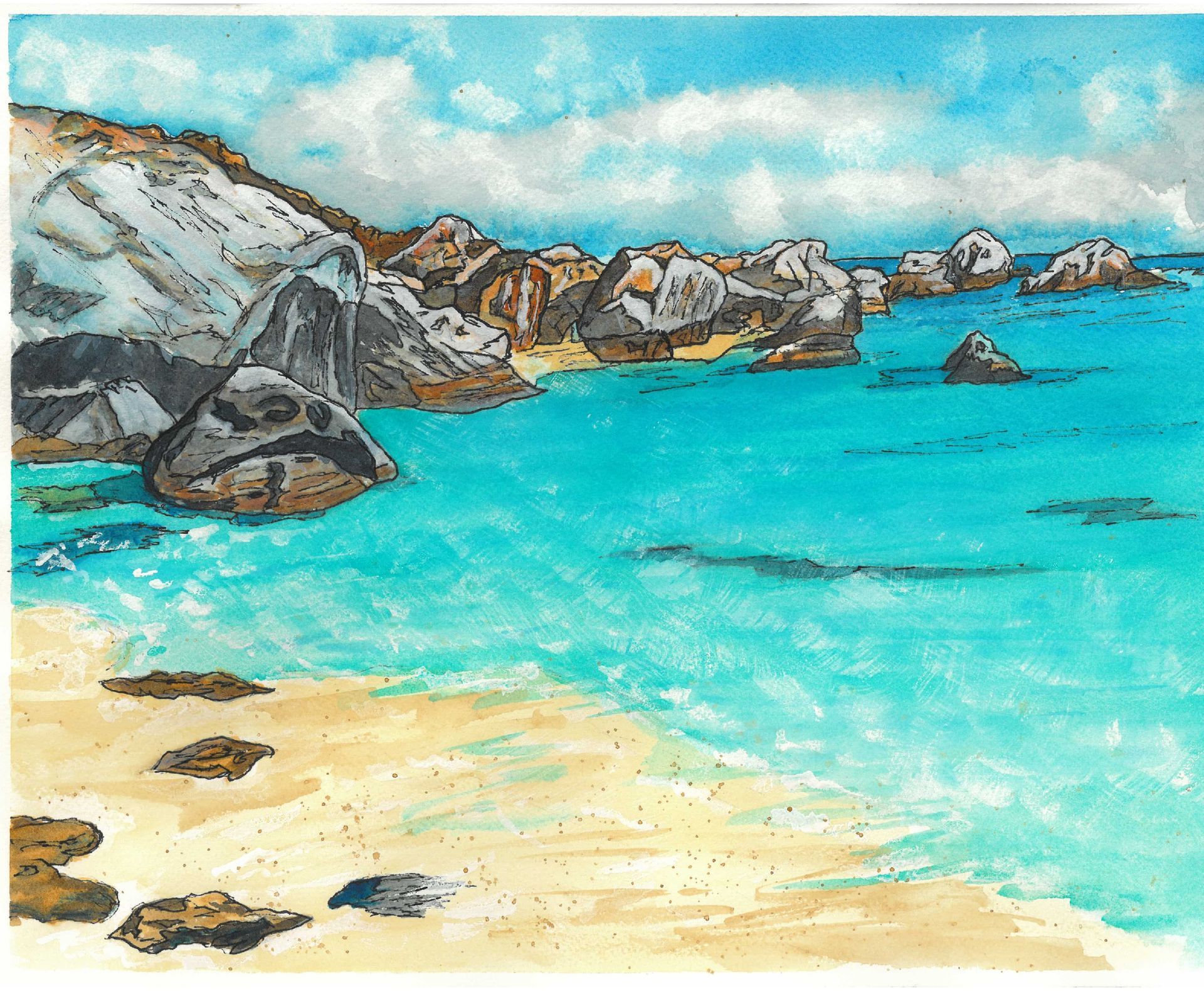 Turquoise sea and sandy beach beside rocky cliffs under a bright blue sky.