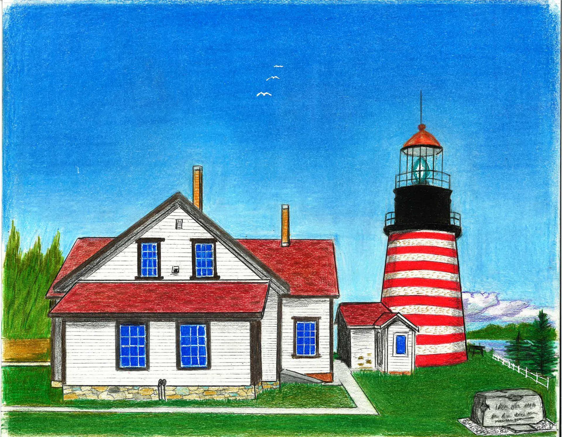 A white house with a red roof stands next to a lighthouse with red and white horizontal stripes against a blue sky.