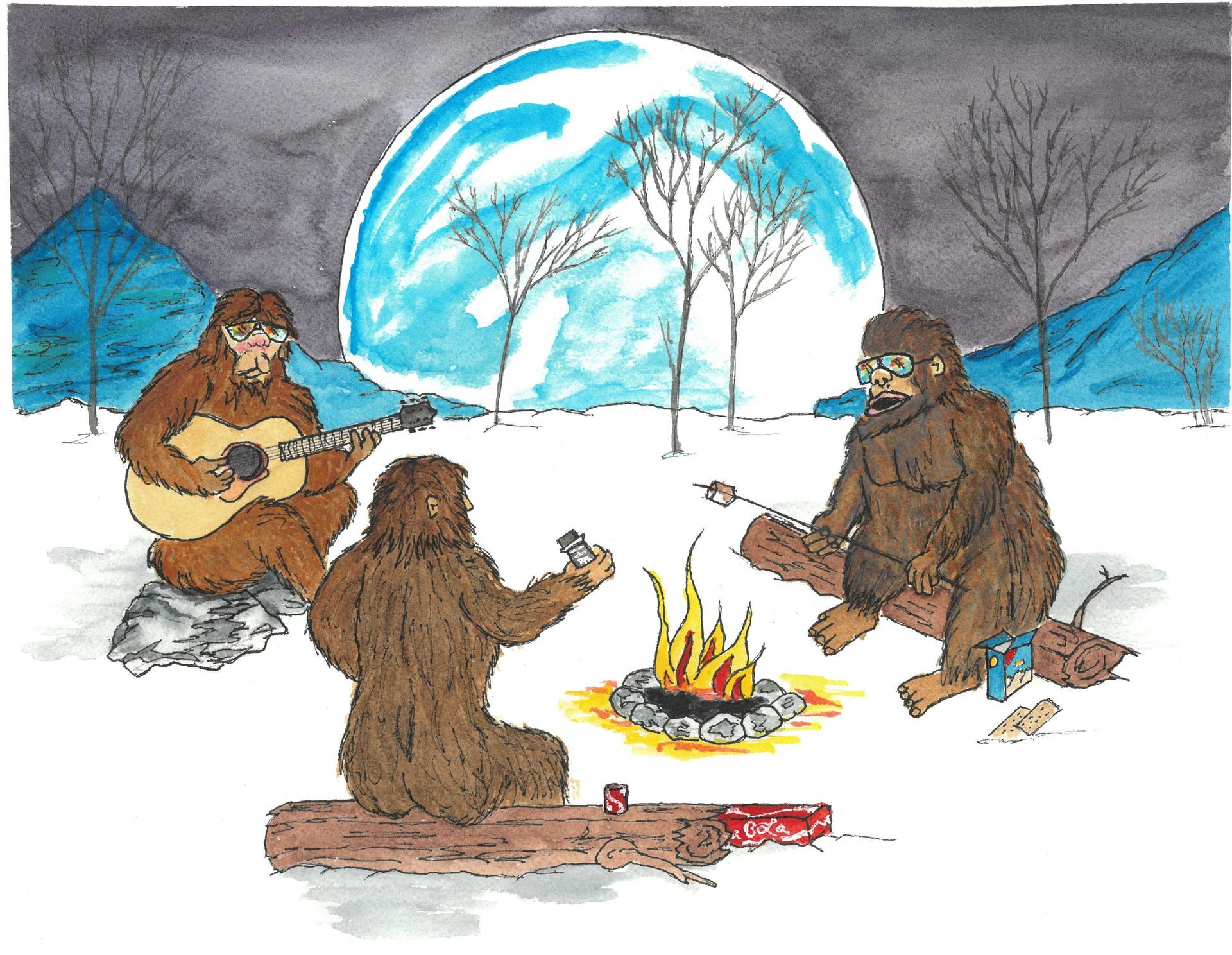 Bigfoots around a campfire in snowy woods, one playing guitar under a glowing moon at night