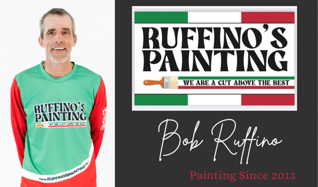 Smiling man in a green shirt next to Ruffino's Painting logo. The logo features Italian flag colors.