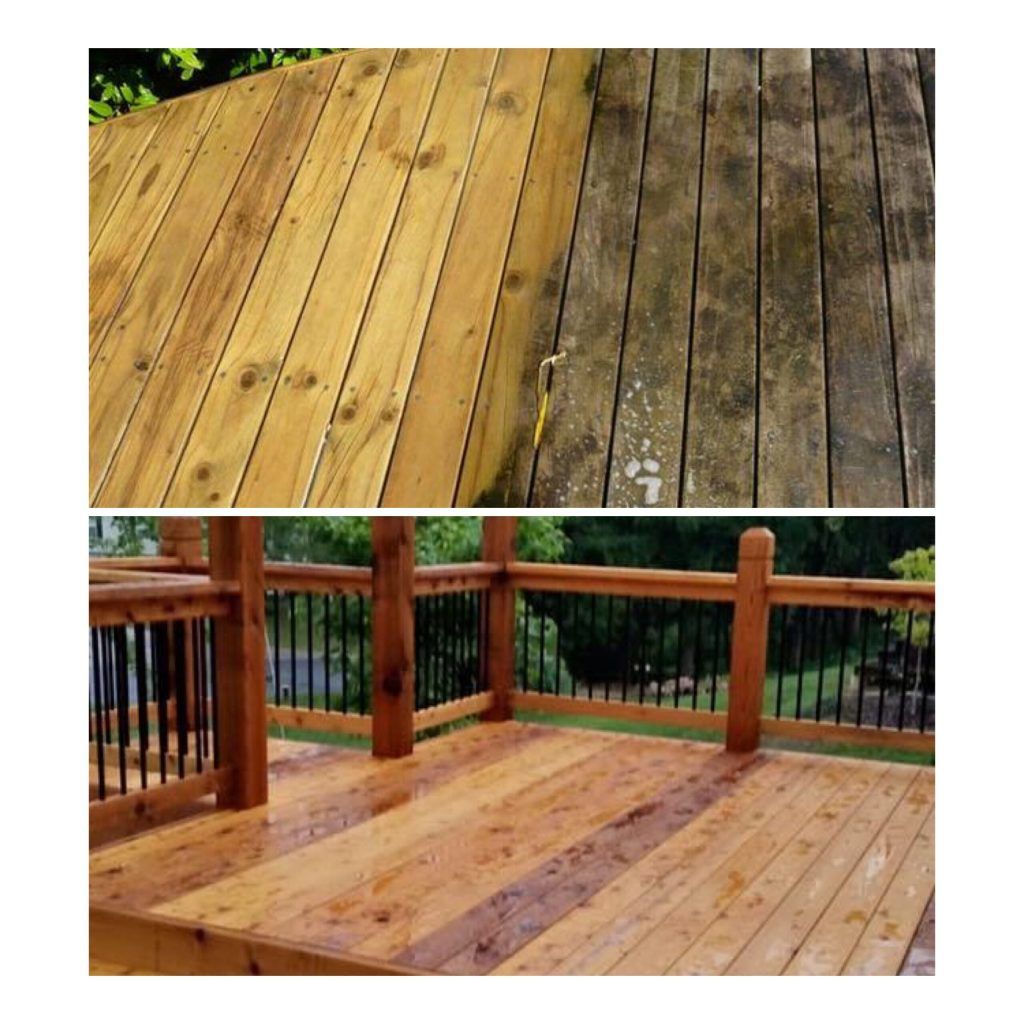 Deck cleaning before and after; stained wood planking in comparison. Top half shows dirty vs. clean. Bottom image of wet deck.
