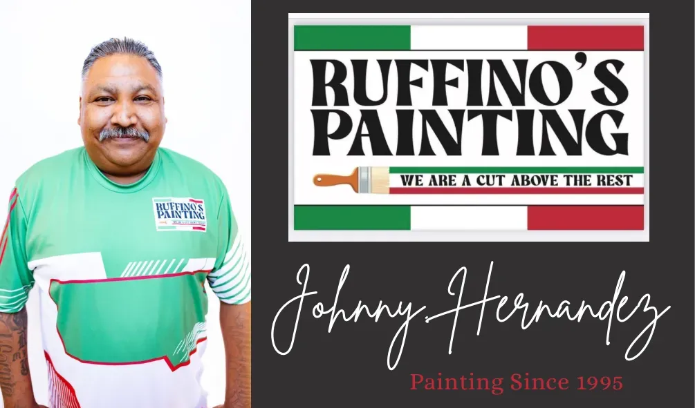 Man in green shirt next to Ruffino's Painting logo.