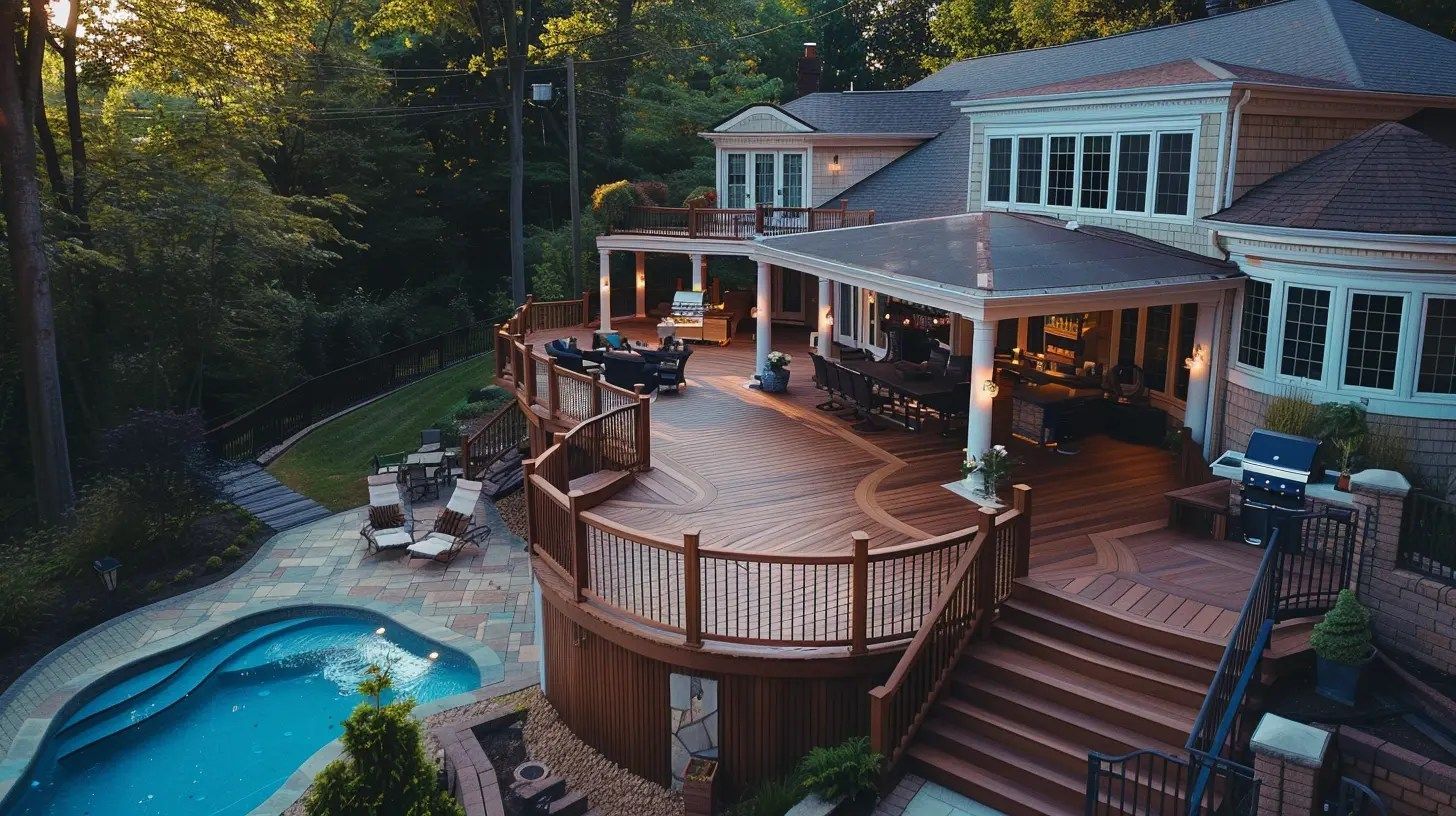 Luxury home with wooden deck overlooking a pool. Evening light casts shadows on the patio and landscaping. Luxury home with wooden deck overlooking a pool. Evening light casts shadows on the patio and landscaping.