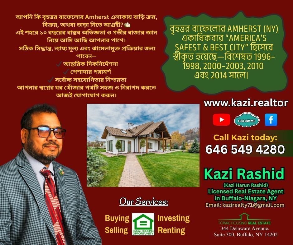 Real estate ad: Kazi Rashid, real estate agent, Amherst, NY, with photo, house, and contact info.
