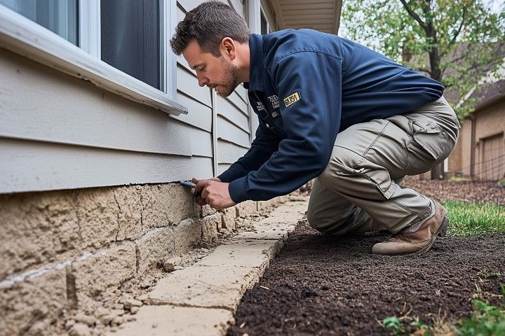 Worker kneeling beside a house foundation, applying mortar to damaged brickwork.