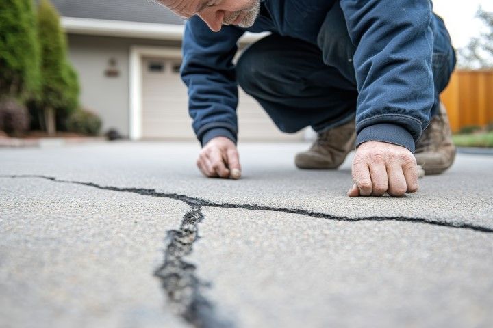 Child crouching on a driveway, examining a cracked concrete slab.