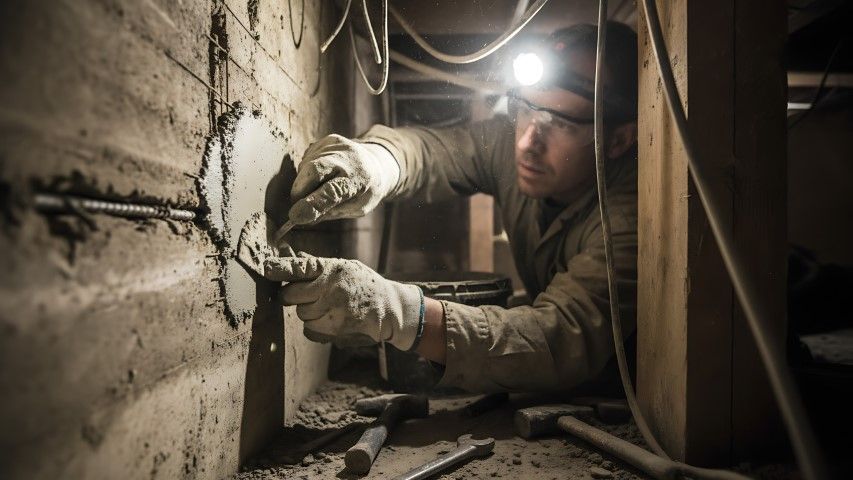 Worker drilling into a concrete wall in a dim crawlspace, wearing gloves and a headlamp