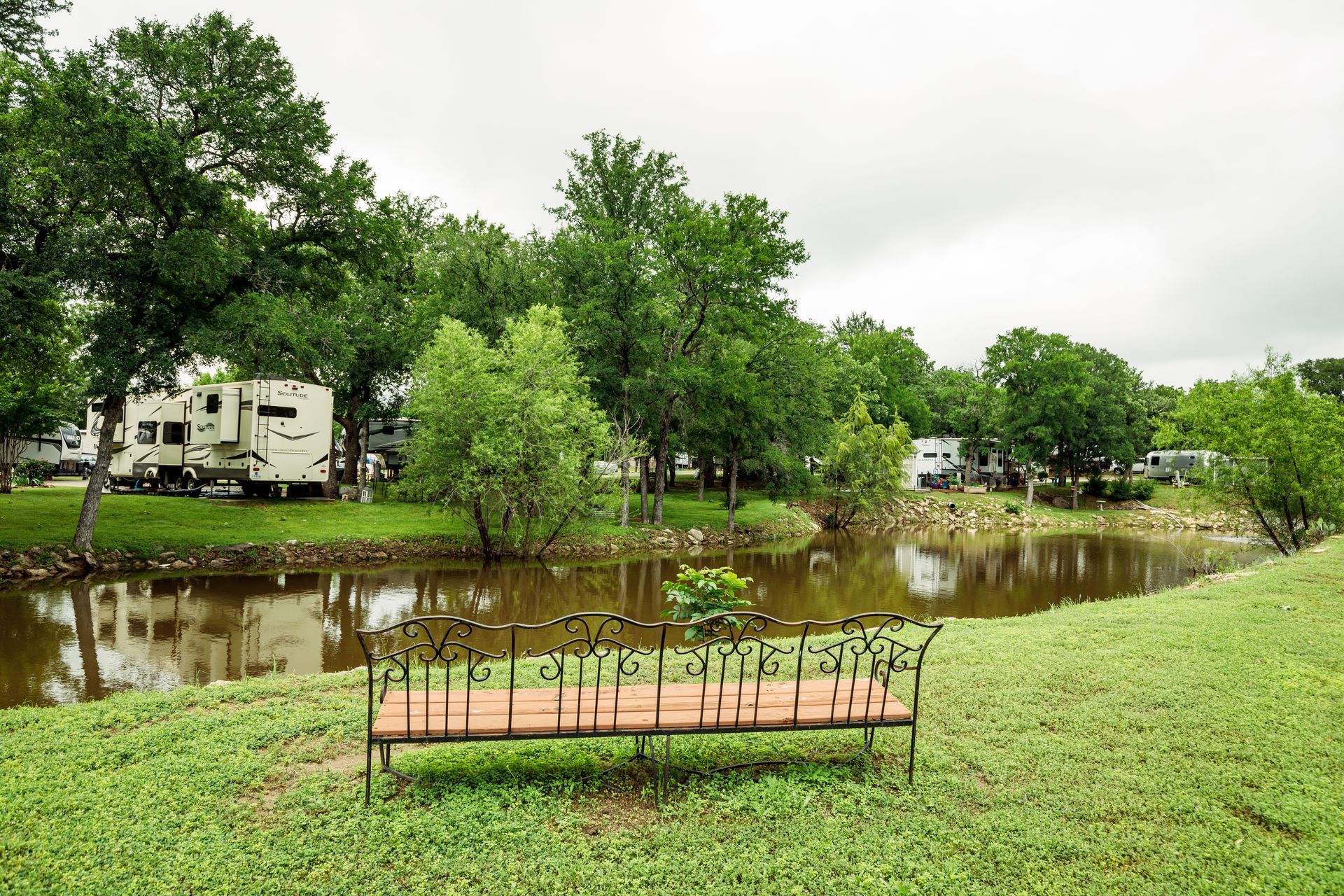 A bench is sitting next to a pond in a park.