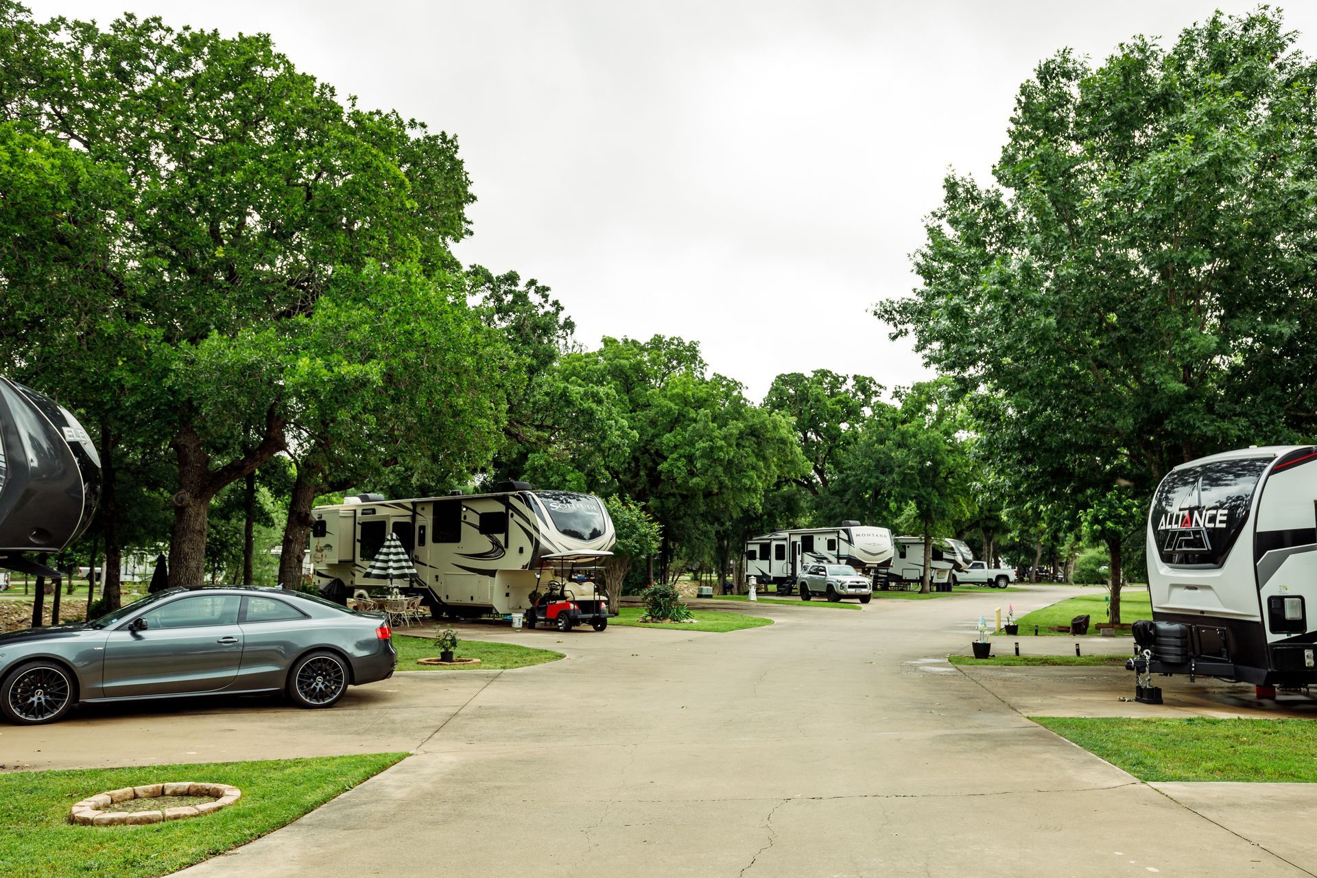 A row of rvs parked on a dirt road next to trees.
