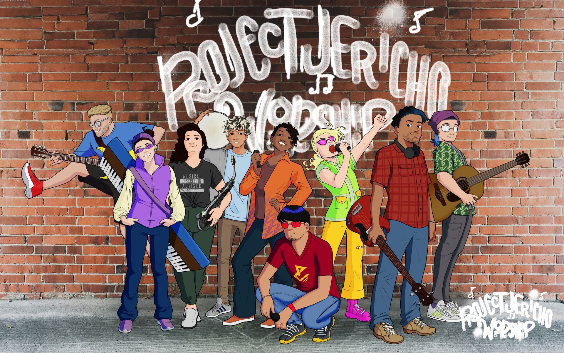 A group of people standing in front of a brick wall with the word project jericho written on it