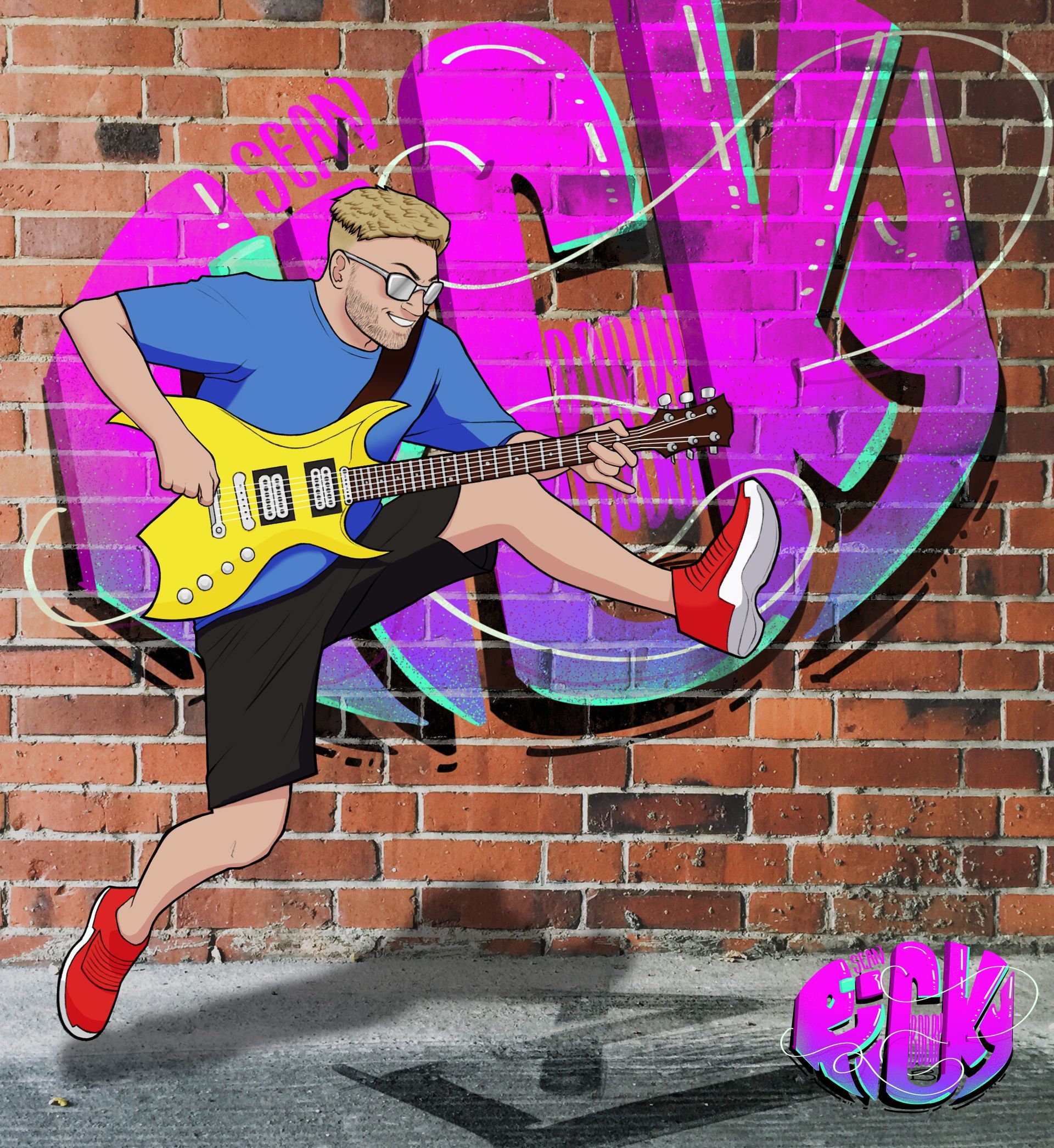 A man is playing a guitar in front of a brick wall with graffiti on it