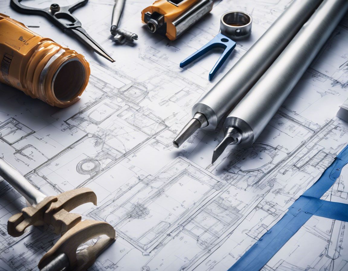 Tools on a blueprint, including caulking guns, scissors, and level. Tools on a blueprint, including caulking guns, scissors, and level.
