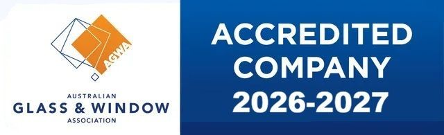 Accredited company logo with the Australian Glass & Window Association logo, valid 2024-2025.