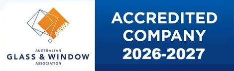 Accredited company logo with the Australian Glass & Window Association logo, valid 2024-2025.