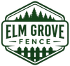 Elm Grove Fence Logo with Green Badge Emblem, Tree Line, Picket Fence Graphic, and Company Name in Elm Grove, WI