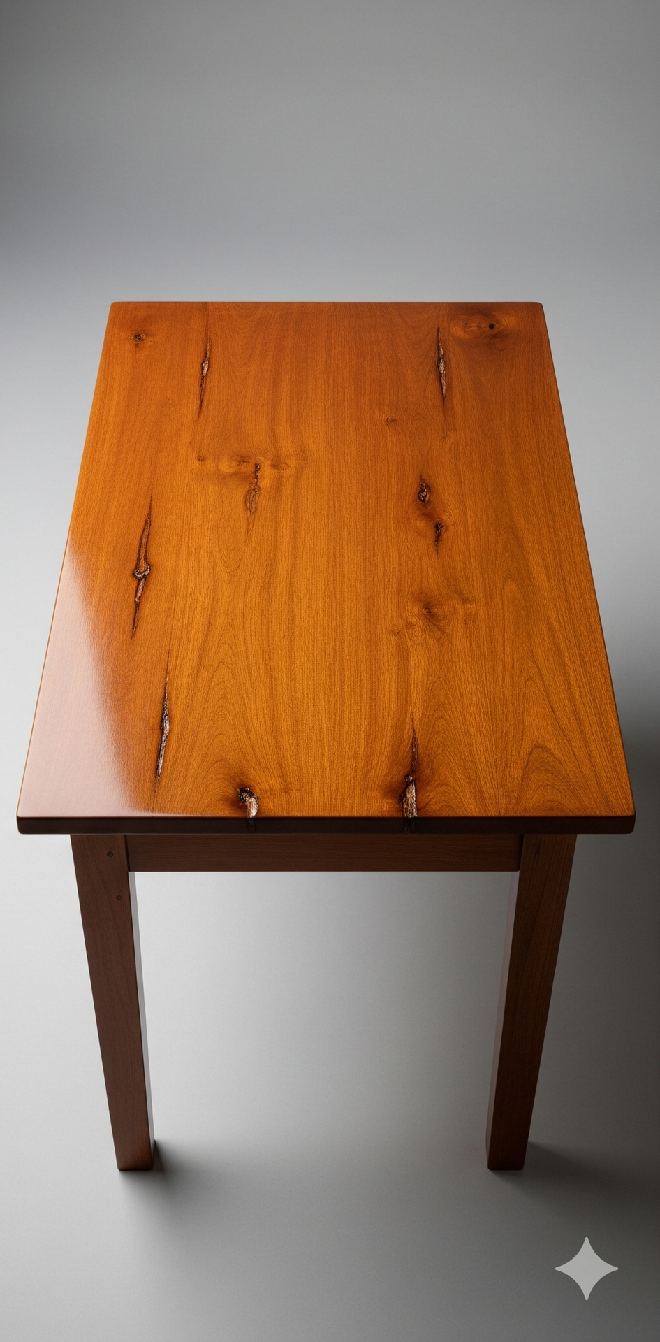 Wooden table with a glossy finish, resting on a light gray background.
