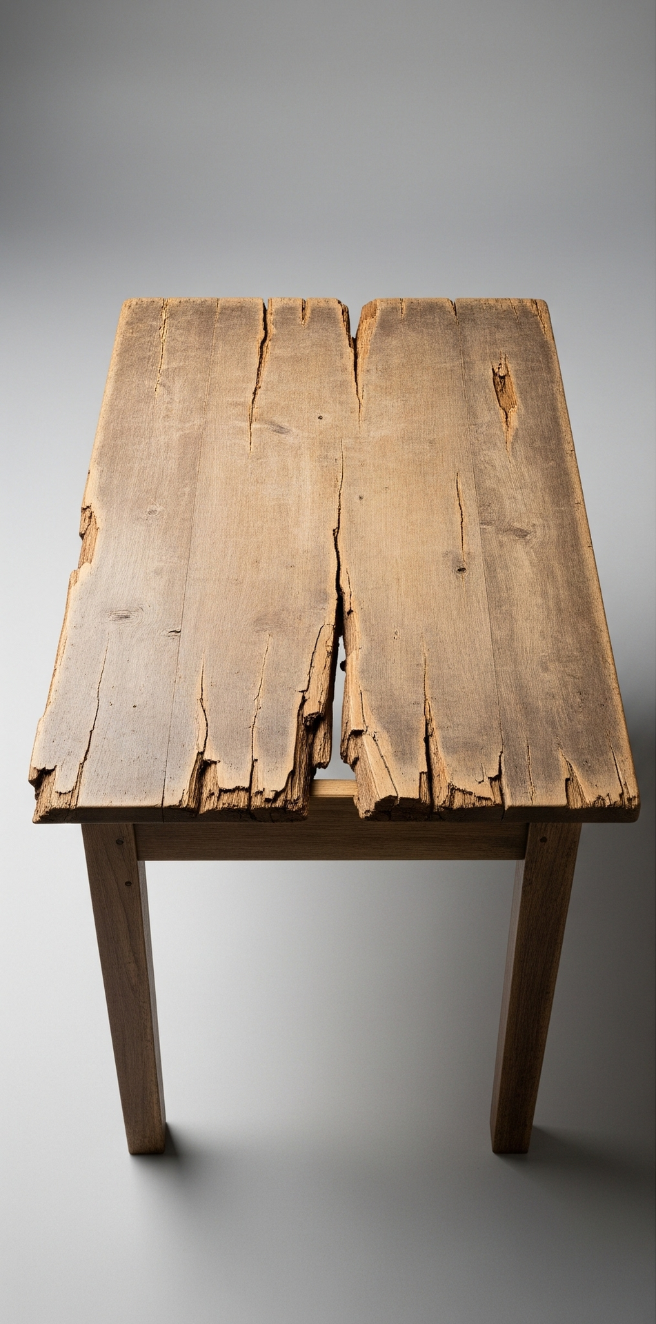 A weathered wooden table with damaged tabletop and four simple legs, against a gray backdrop.