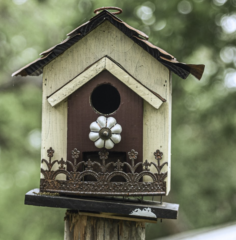 Decorative birdhouse with floral trim, cream and brown, set against a blurred green outdoor background