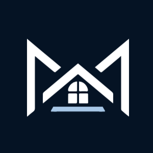 A logo for a real estate company with the letter m and a house