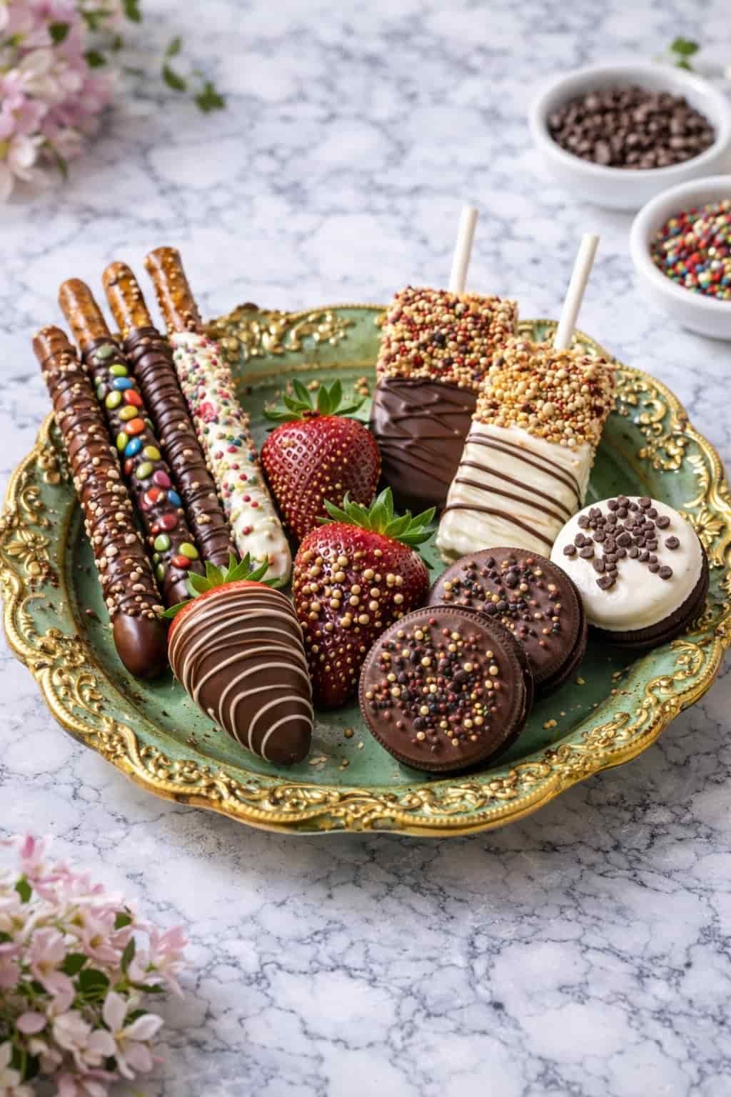 Assorted chocolate-covered treats on a decorative platter: strawberries, cookies, pretzels, and banana pops.
