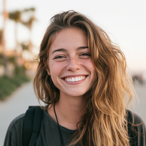 Smiling person with wavy hair and a backpack standing outdoors at sunset