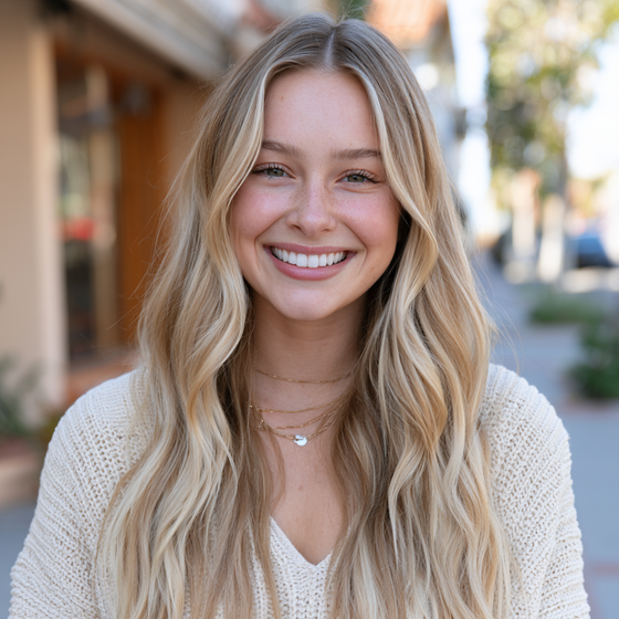 Smiling blonde woman in a white sweater outdoors on a sunny street