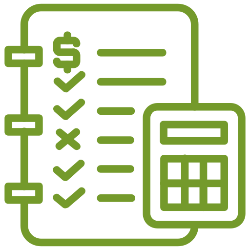 A green line icon of a sheet of paper with a calculator next to it.