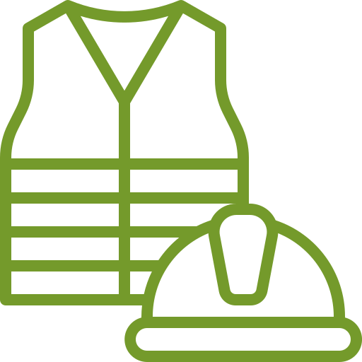 A green safety vest and hard hat icon on a white background.