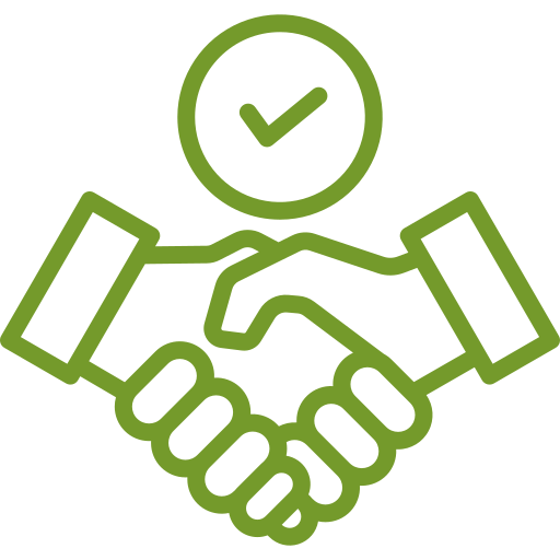 A green line drawing of a handshake with a check mark.