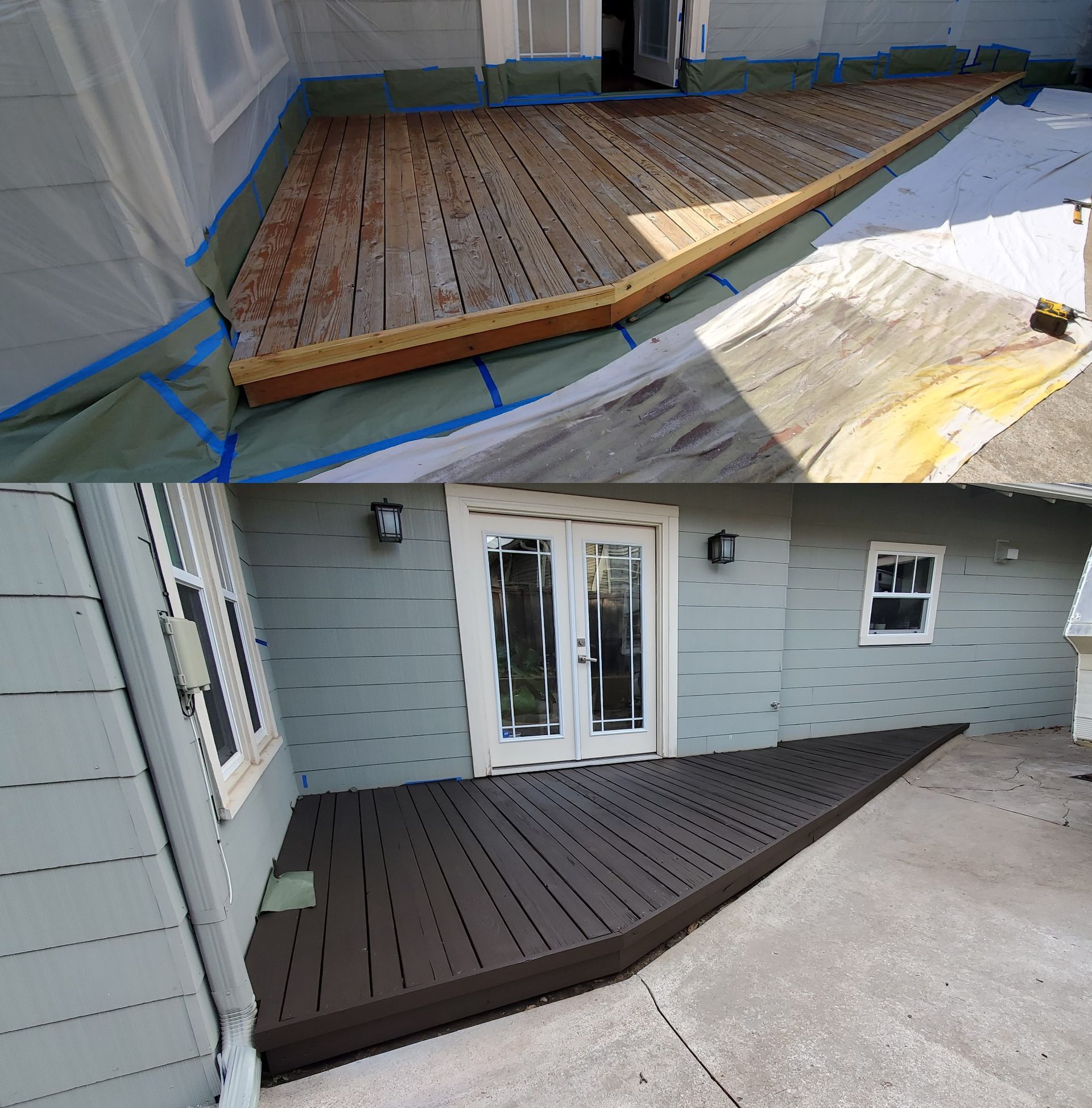 A before and after picture of a deck on a house