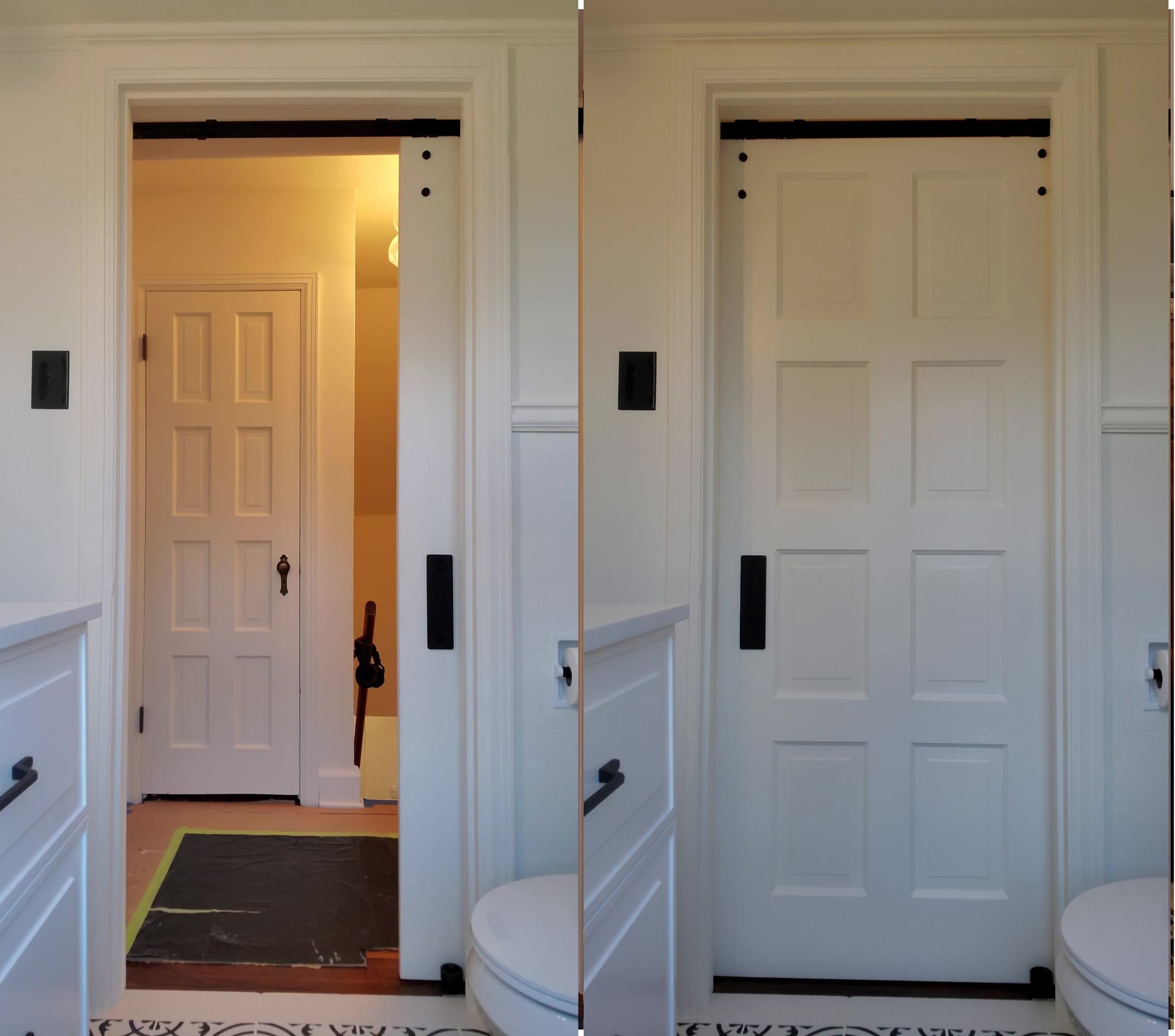 A bathroom with a sliding door and a toilet