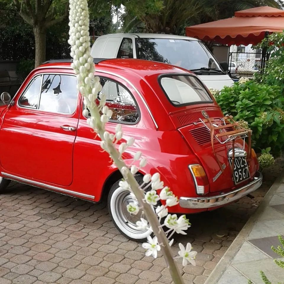 Un'auto d'epoca Fiat 500 rossa parcheggiata su un patio in mattoni, con un fiore bianco in primo piano e un furgone bianco sullo sfondo.