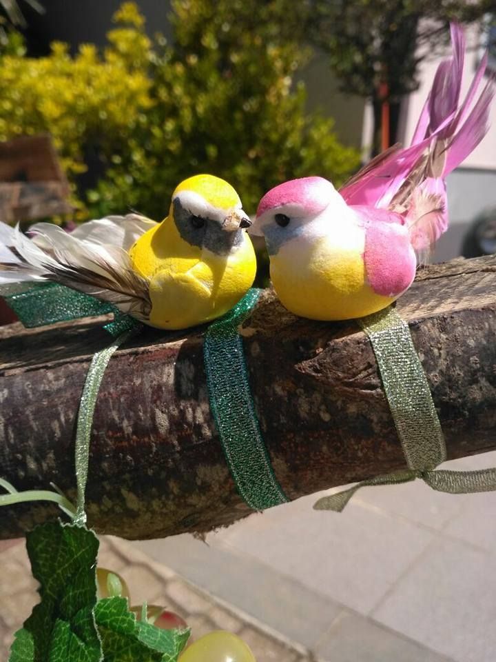 Due uccellini giocattolo colorati su un ramo con un nastro verde. Uccellini gialli e rosa con ali piumate.
