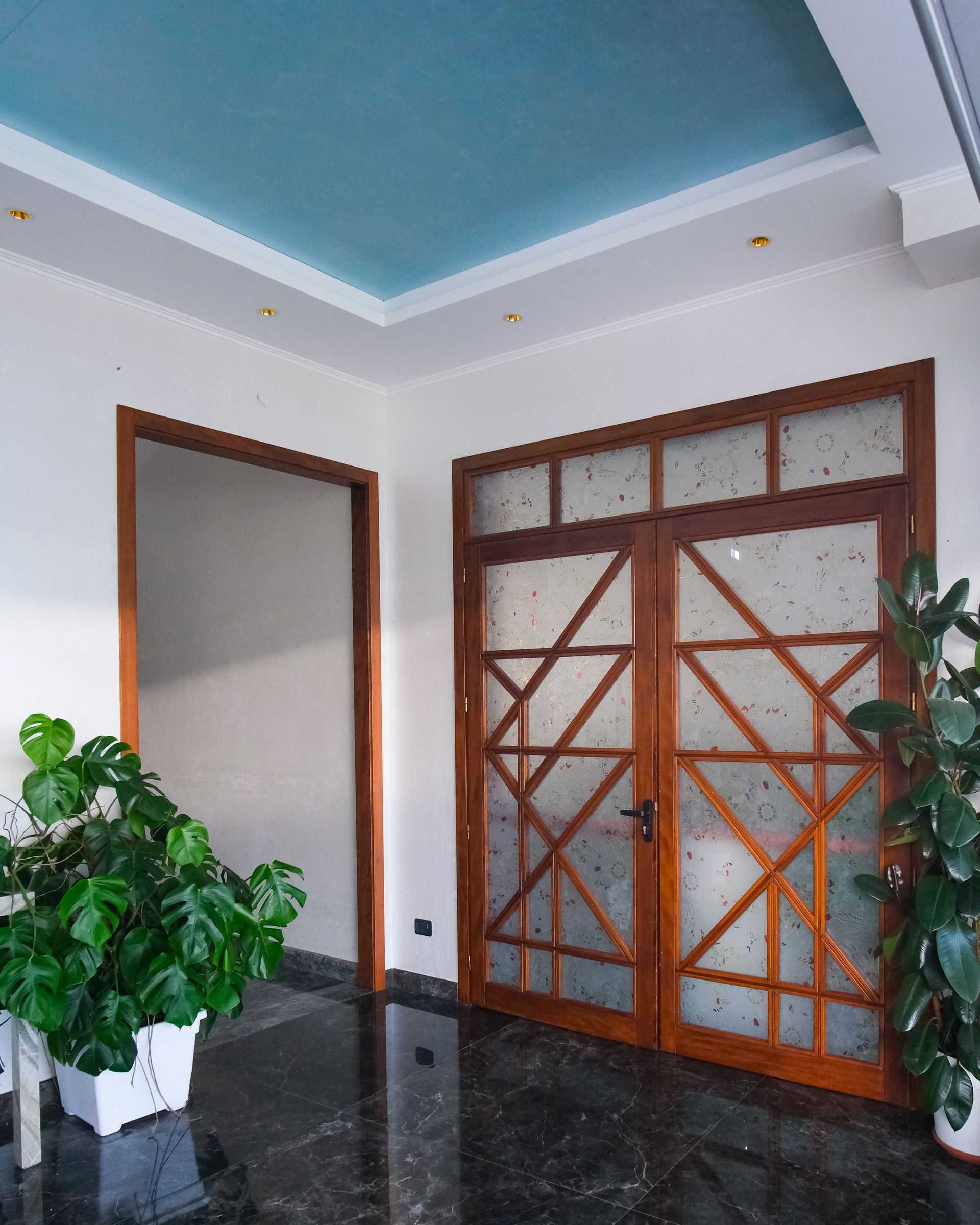 Porte in legno con vetro smerigliato e disegno geometrico in una stanza con piante e soffitto blu.