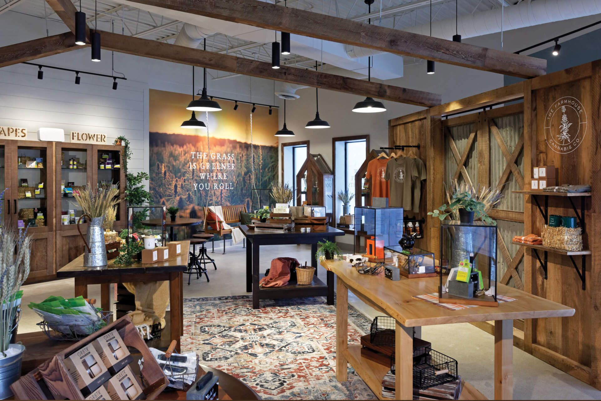 A rendering of a store with wooden tables and shelves.