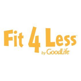 A logo for fit 4 less by goodlife on a white background